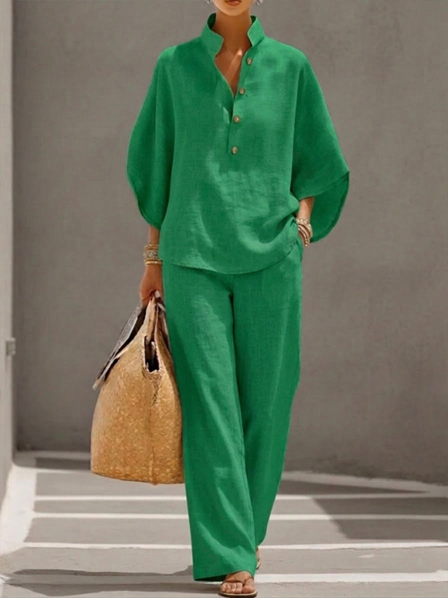 Eszter™ | Cotton and Canvas Set with Batwing Sleeves and Wide-Leg Pants