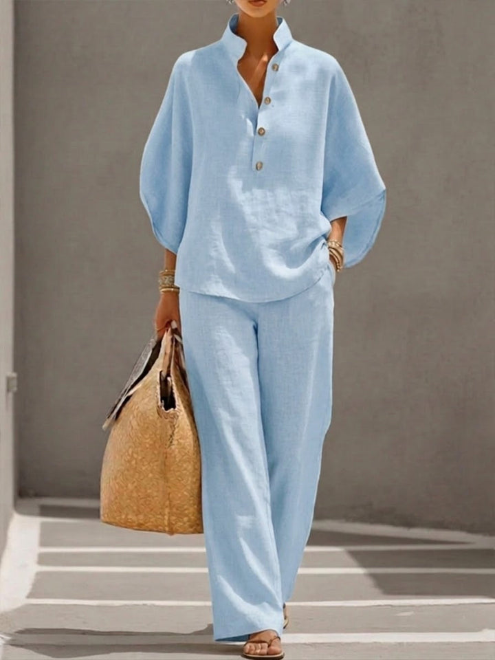 Eszter™ | Cotton and Canvas Set with Batwing Sleeves and Wide-Leg Pants