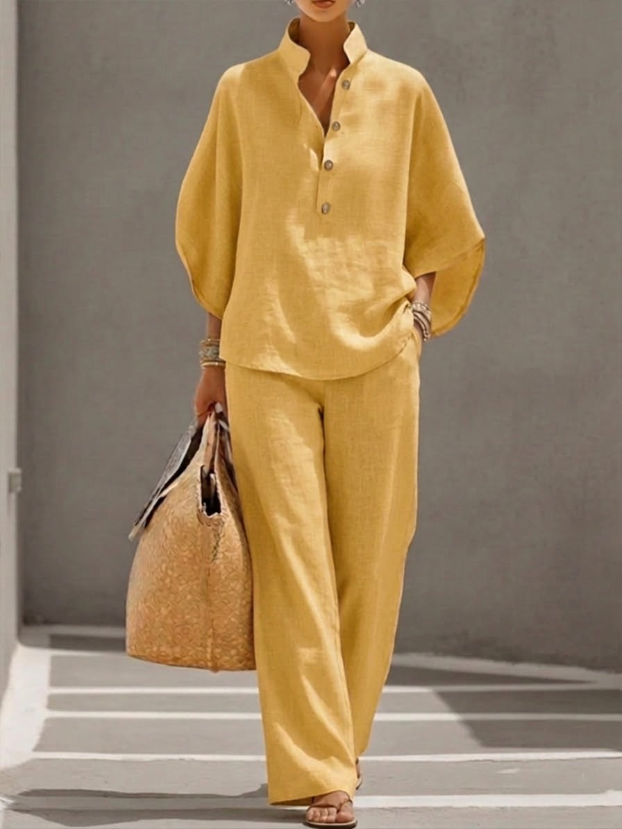 Eszter™ | Cotton and Canvas Set with Batwing Sleeves and Wide-Leg Pants